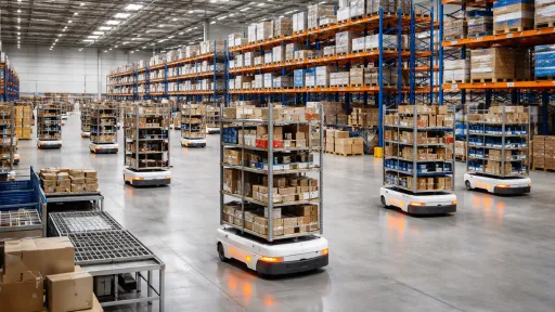 AMRs autonomous mobile robots in large warehouse