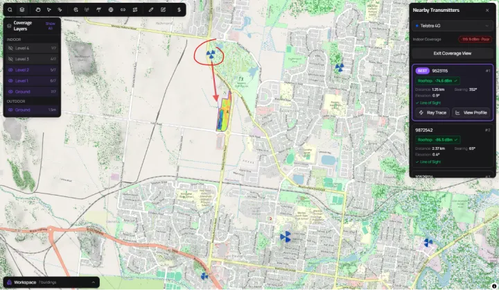 Telstra 4G macro network overview with best tower highlighted