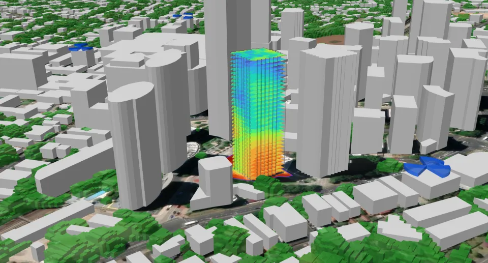 High rise building showing strong (hot) signal at street level